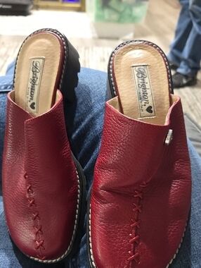 Brighton Heidi, Red Leather Slip-On Mules with Cross-Stitch Detail, Size 7.5